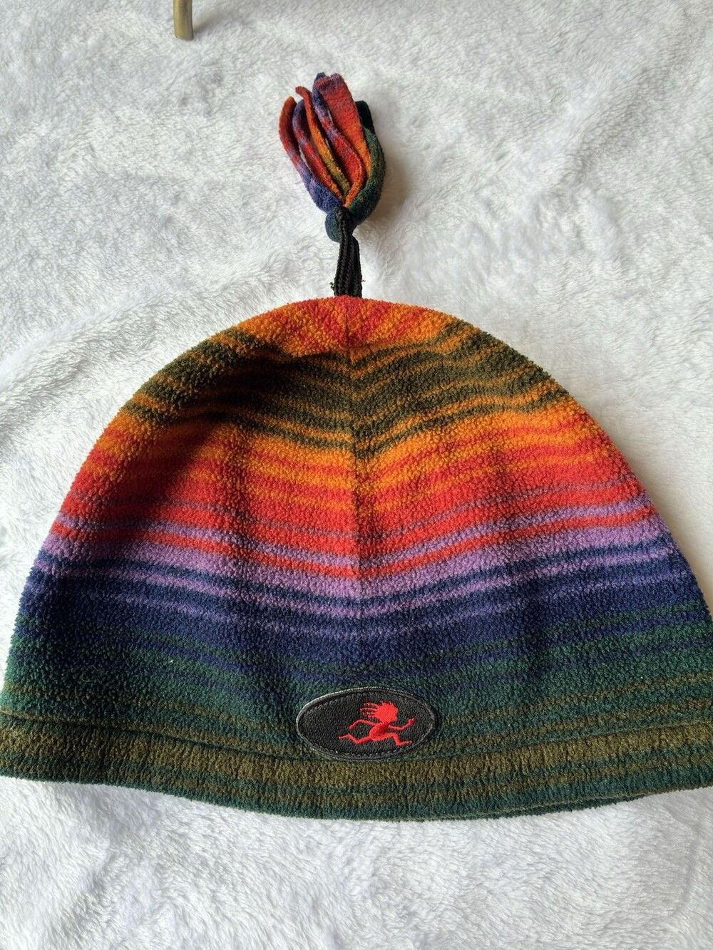 VTG 90s Shred Alert Fleece Tassel Beanie Hat Striped Sunset Skiwear Youth Y2K